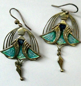 PAT CHENEY. Scottish Vintage 1980s Art Nouveau Style Silver Earrings with Turquoise Enamel