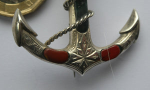 1880s SCOTTISH SILVER: Victorian ANCHOR BROOCH with Inset Specimen Agates