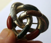 Load image into Gallery viewer, 1880s SCOTTISH SILVER: Victorian Lover&#39;s Knot Brooch with Inset Specimen Agates
