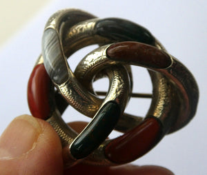 1880s SCOTTISH SILVER: Victorian Lover's Knot Brooch with Inset Specimen Agates