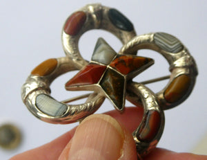 1880s SCOTTISH SILVER: Victorian Quatrefoil Shape and Raised Star Brooch with Inset Specimen Agates