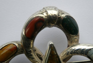 1880s SCOTTISH SILVER: Victorian Quatrefoil Shape and Raised Star Brooch with Inset Specimen Agates