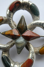 Load image into Gallery viewer, 1880s SCOTTISH SILVER: Victorian Quatrefoil Shape and Raised Star Brooch with Inset Specimen Agates
