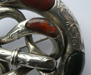 Large 1880s SCOTTISH SILVER: Victorian Knot Brooch with Inset Specimen Agate