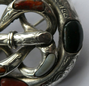 Large / Heavy 1880s SCOTTISH SILVER: Victorian Lover's Knot Brooch with Inset Specimen Agates