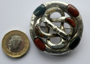 Large 1880s SCOTTISH SILVER: Victorian Knot Brooch with Inset Specimen Agate