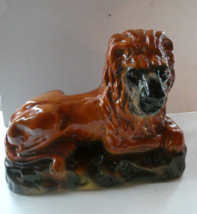 SCOTTISH POTTERY Antique SINGLE VICTORIAN Bo'ness Pottery Large Recumbent Lion, c 1900