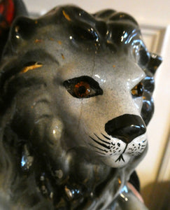 Large ANTIQUE Victorian Staffordshire GREY Recumbent Lion with Glass Eyes. 11 inches in length