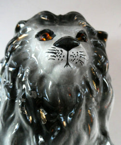 Large ANTIQUE Victorian Staffordshire GREY Recumbent Lion with Glass Eyes. 11 inches in length