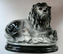 Load image into Gallery viewer, Large ANTIQUE Victorian Staffordshire GREY Recumbent Lion with Glass Eyes. 11 inches in length
