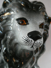 Load image into Gallery viewer, Large ANTIQUE Victorian Staffordshire GREY Recumbent Lion with Glass Eyes. 11 inches in length
