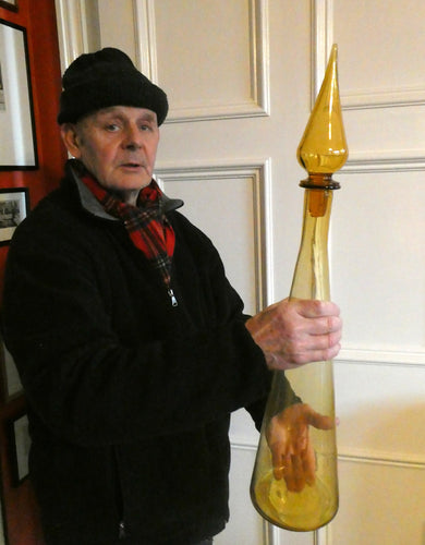 VERY TALL Golden Amber Glass GENIE Vase with Original Hollow Hand Blown Stopper. 27 inches