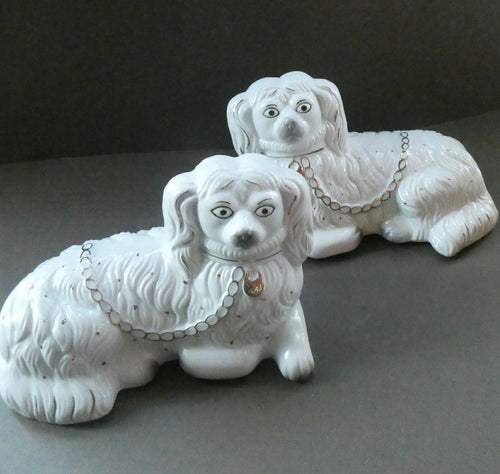  Decorative PAIR of Large Vintage Staffordshire Style White Recumbent Spaniels.