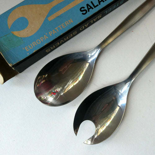 Vintage 1960s EUROPA Pair of Stainless Steel Salad Servers in Original Box