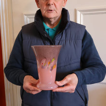 Load image into Gallery viewer, SCOTTISH GLASS. Vintage 1960s Strathearn Vase Aventurine Inclusions, Tutti Frutti Swirls. Leaping Salmon Mark.  8 inches
