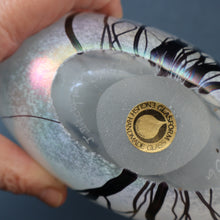 Load image into Gallery viewer, SIGNED John Ditchfield White Iridescent Glass Vase with Lily-pads &amp; Whiplash Trails. 7 Inches
