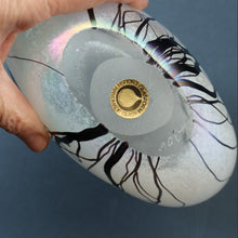 Load image into Gallery viewer, SIGNED John Ditchfield White Iridescent Glass Vase with Lily-pads &amp; Whiplash Trails. 7 Inches
