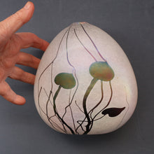 Load image into Gallery viewer, SIGNED John Ditchfield White Iridescent Glass Vase with Lily-pads &amp; Whiplash Trails. 7 Inches
