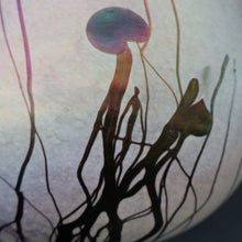 Load image into Gallery viewer, SIGNED John Ditchfield White Iridescent Glass Vase with Lily-pads &amp; Whiplash Trails. 7 Inches
