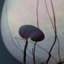 Load image into Gallery viewer, SIGNED John Ditchfield White Iridescent Glass Vase with Lily-pads &amp; Whiplash Trails. 7 Inches
