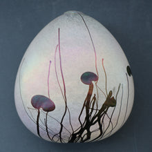 Load image into Gallery viewer, SIGNED John Ditchfield White Iridescent Glass Vase with Lily-pads &amp; Whiplash Trails. 7 Inches
