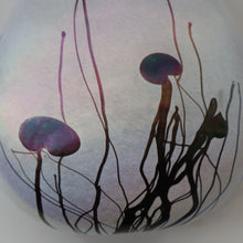 Load image into Gallery viewer, SIGNED John Ditchfield White Iridescent Glass Vase with Lily-pads &amp; Whiplash Trails. 7 Inches
