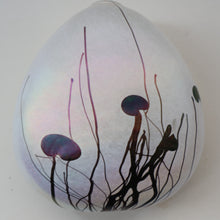 Load image into Gallery viewer, SIGNED John Ditchfield White Iridescent Glass Vase with Lily-pads &amp; Whiplash Trails. 7 Inches
