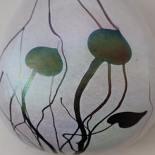 Load image into Gallery viewer, SIGNED John Ditchfield White Iridescent Glass Vase with Lily-pads &amp; Whiplash Trails. 7 Inches
