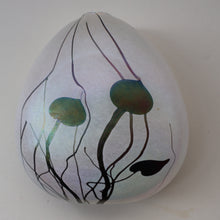 Load image into Gallery viewer, SIGNED John Ditchfield White Iridescent Glass Vase with Lily-pads &amp; Whiplash Trails. 7 Inches
