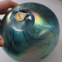 Load image into Gallery viewer, LARGE: Stunning SIGNED 1983 John Ditchfield Blue Iridescent Glass Vase with Lily-pads &amp; Whiplash Trails. 9 Inches

