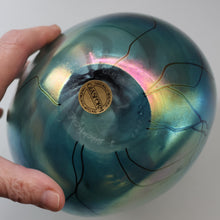 Load image into Gallery viewer, LARGE: Stunning SIGNED 1983 John Ditchfield Blue Iridescent Glass Vase with Lily-pads &amp; Whiplash Trails. 9 Inches
