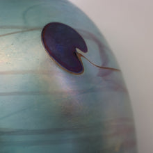 Load image into Gallery viewer, LARGE: Stunning SIGNED 1983 John Ditchfield Blue Iridescent Glass Vase with Lily-pads &amp; Whiplash Trails. 9 Inches
