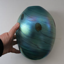Load image into Gallery viewer, LARGE: Stunning SIGNED 1983 John Ditchfield Blue Iridescent Glass Vase with Lily-pads &amp; Whiplash Trails. 9 Inches
