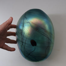 Load image into Gallery viewer, LARGE: Stunning SIGNED 1983 John Ditchfield Blue Iridescent Glass Vase with Lily-pads &amp; Whiplash Trails. 9 Inches
