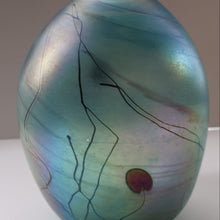 Load image into Gallery viewer, LARGE: Stunning SIGNED 1983 John Ditchfield Blue Iridescent Glass Vase with Lily-pads &amp; Whiplash Trails. 9 Inches

