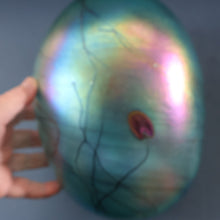 Load image into Gallery viewer, LARGE: Stunning SIGNED 1983 John Ditchfield Blue Iridescent Glass Vase with Lily-pads &amp; Whiplash Trails. 9 Inches
