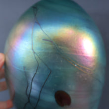 Load image into Gallery viewer, LARGE: Stunning SIGNED 1983 John Ditchfield Blue Iridescent Glass Vase with Lily-pads &amp; Whiplash Trails. 9 Inches
