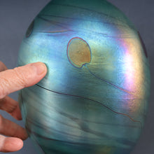 Load image into Gallery viewer, LARGE: Stunning SIGNED 1983 John Ditchfield Blue Iridescent Glass Vase with Lily-pads &amp; Whiplash Trails. 9 Inches
