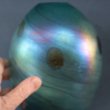 Load image into Gallery viewer, LARGE: Stunning SIGNED 1983 John Ditchfield Blue Iridescent Glass Vase with Lily-pads &amp; Whiplash Trails. 9 Inches
