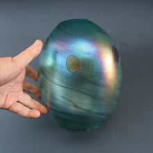 Load image into Gallery viewer, LARGE: Stunning SIGNED 1983 John Ditchfield Blue Iridescent Glass Vase with Lily-pads &amp; Whiplash Trails. 9 Inches
