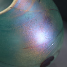 Load image into Gallery viewer, LARGE: Stunning SIGNED 1983 John Ditchfield Blue Iridescent Glass Vase with Lily-pads &amp; Whiplash Trails. 9 Inches
