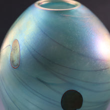 Load image into Gallery viewer, LARGE: Stunning SIGNED 1983 John Ditchfield Blue Iridescent Glass Vase with Lily-pads &amp; Whiplash Trails. 9 Inches
