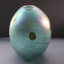 Load image into Gallery viewer, LARGE: Stunning SIGNED 1983 John Ditchfield Blue Iridescent Glass Vase with Lily-pads &amp; Whiplash Trails. 9 Inches
