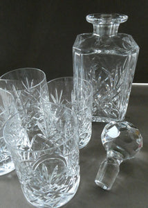 EDINBURGH CRYSTAL. IONA Pattern FOUR Whisky Tumblers and Large Square Spirit Decanter  with Original Stopper