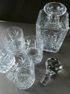 EDINBURGH CRYSTAL. IONA Pattern FOUR Whisky Tumblers and Large Square Spirit Decanter  with Original Stopper