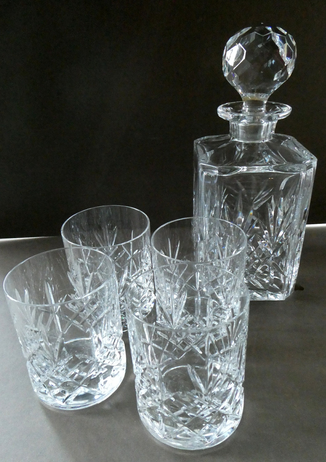 EDINBURGH CRYSTAL. IONA Pattern FOUR Whisky Tumblers and Large Square Spirit Decanter  with Original Stopper