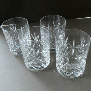 EDINBURGH CRYSTAL. IONA Pattern FOUR Whisky Tumblers and Large Square Spirit Decanter  with Original Stopper