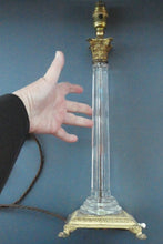 Load image into Gallery viewer, Antique Victorian OSLER Corintian Table Lamp with Brass Base and Capital and Fluted Crystal Upstand Section. SIGNED
