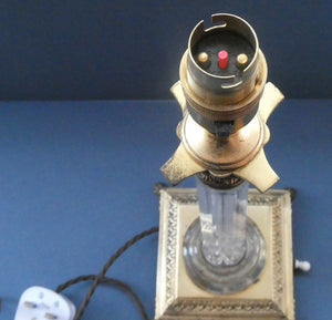 Antique Victorian OSLER Corintian Table Lamp with Brass Base and Capital and Fluted Crystal Upstand Section. SIGNED