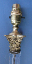 Load image into Gallery viewer, Antique Victorian OSLER Corintian Table Lamp with Brass Base and Capital and Fluted Crystal Upstand Section. SIGNED
